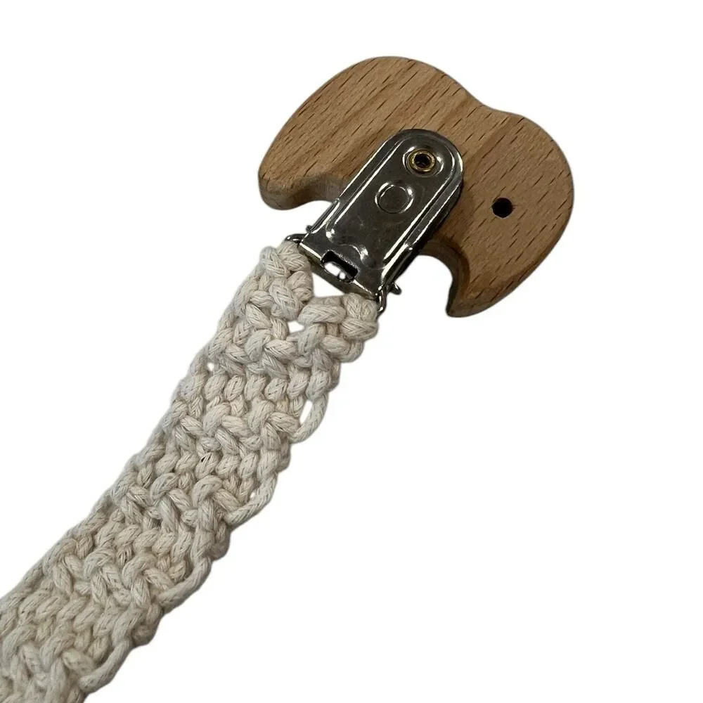 Baby Beige Macrame Braided Crochet Wooden Elephant Pacifier Clip